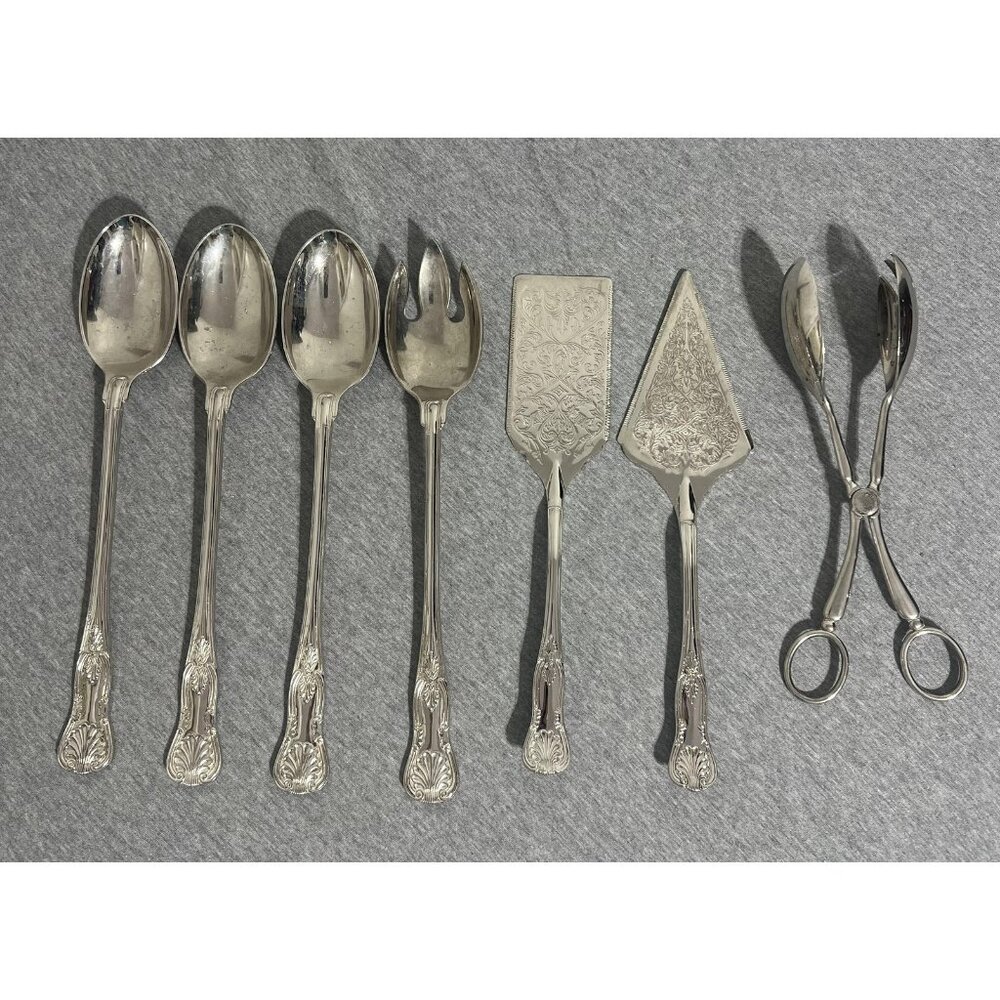 Ornate Shell Pattern Silverplate Serving Utensil Set Lot‎ 7 Spoons Servers Tongs